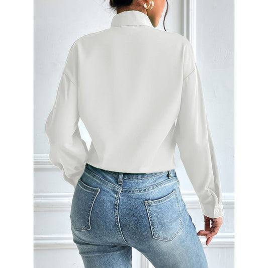 Cross-border Amazon Women&#039;s Long Sleeve V-neck Cardigan Button Chiffon Shirt European And American Foreign Trade Explosions Women&#039;s Solid Color Shirt