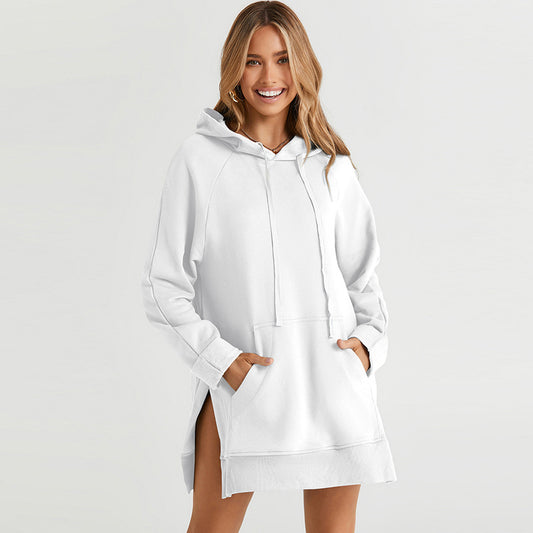 European And American Fashion Women&#039;s Autumn And Winter New Solid Color Drawstring Hooded Sweat Women&#039;s Mid-length Loose Split Top For Women