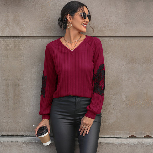 Loose Long-sleeved V-neck T-shirt Lace Splicing Casual Women&#039;s Tops Simple Temperament T-shirt
