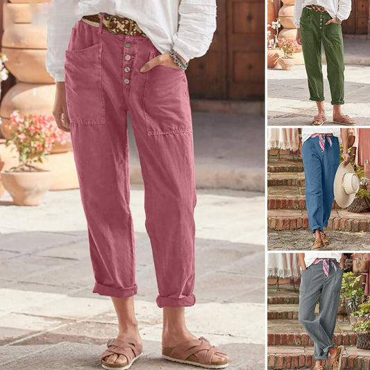 2023 Foreign Trade New Casual Pants Independent Station Cross-border Amazon Wish Breasted Cotton Linen Loose Casual Pants