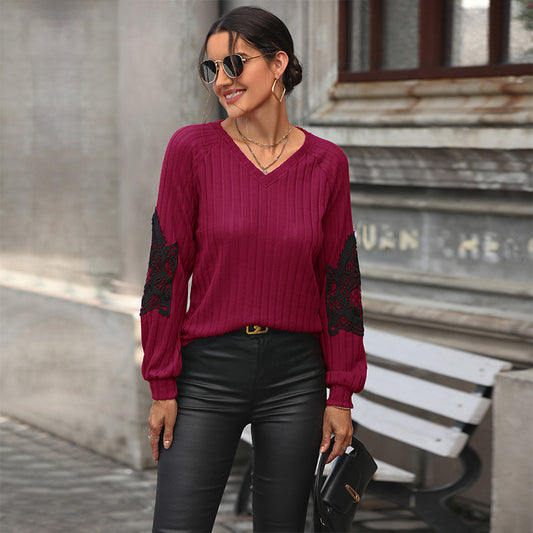 Loose Long-sleeved V-neck T-shirt Lace Splicing Casual Women&#039;s Tops Simple Temperament T-shirt