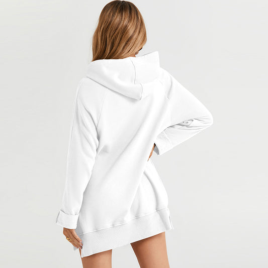 European And American Fashion Women&#039;s Autumn And Winter New Solid Color Drawstring Hooded Sweat Women&#039;s Mid-length Loose Split Top For Women