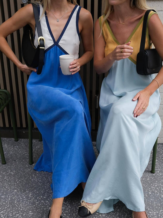 Fashion V-neck Sleeveless Color Matching Copper Ammonia Silk Large Swing Dress Spring And Summer New